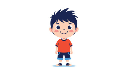 Cute little boy with black spiky hair wearing a bright red t-shirt and blue shorts stands smiling against a white background.