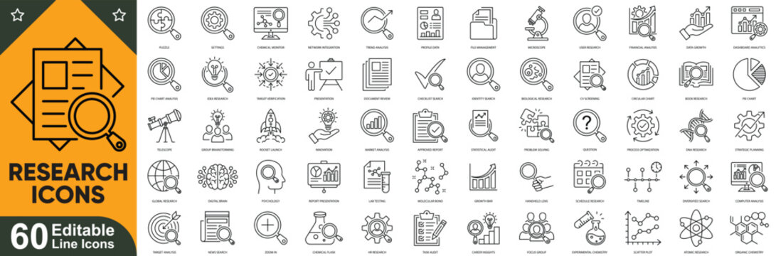 Research & science outline icons set. Laboratory, data analysis, medical experiment, education & innovation editable stroke vector collection.