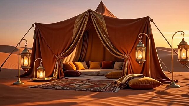 Luxury desert camping tent at sunset with lanterns and sand dunes