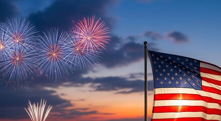 American flag waves proudly against a dramatic sunset sky with colorful fireworks during a patriotic celebration.
