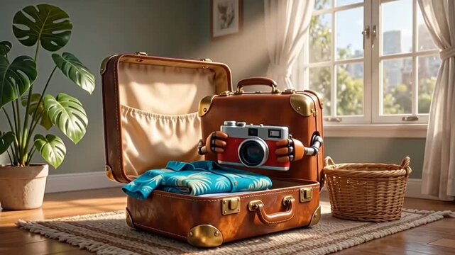 Cute animated suitcase character packing clothes and camera for vacation