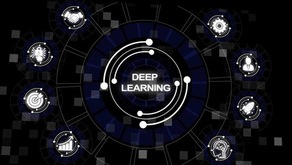 Fototapeta premium Deep Learning Concept with Icons Representing AI and Data Processing on a Dark Futuristic Background
