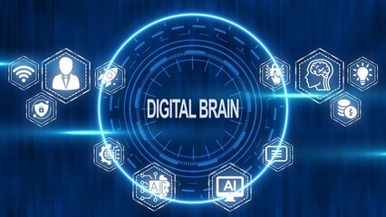 Fototapeta premium Digital Brain Technology Network with Icons and Glowing Blue Circle artificial intelligence