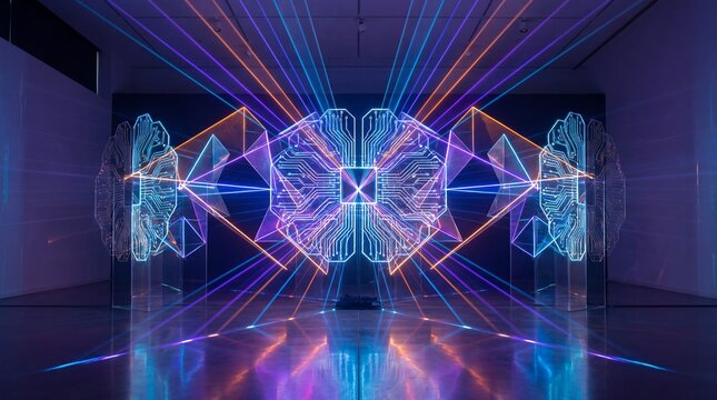 Vibrant Neon Light Art Installation Featuring a Symmetrical Brain-like Structure and Geometric Laser Beams Reflecting on a Dark Floor, Modern Abstr...