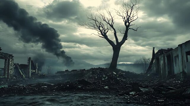A desolate landscape depicting ruins, smoke, and a lone tree under a stormy sky