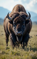 A Bison Resting Peacefully Beneath the Wide Open Sky