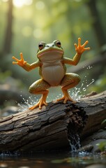 A Realistic Image of a Green Frog in a Pristine Natural Habitat with Lifelike Detail