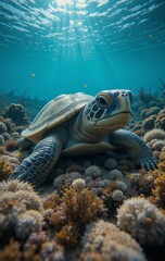 A Turtle Resting Peacefully Among the Reeds of a Quiet Pond