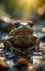 A Realistic Image of a Green Frog in a Pristine Natural Habitat with Lifelike Detail