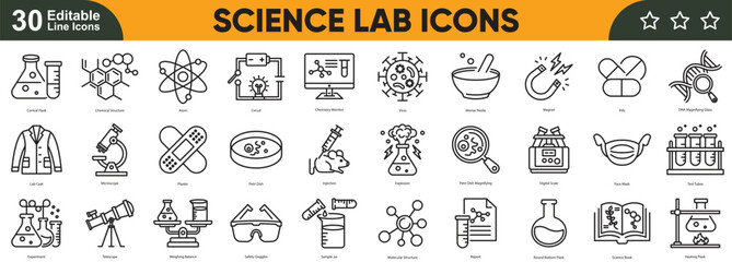 Science laboratory icons set. Editable stroke outline vector symbols for research, chemistry, biology, medical, analysis, experiment, education, healthcare, UI, web and app design. © Kashif