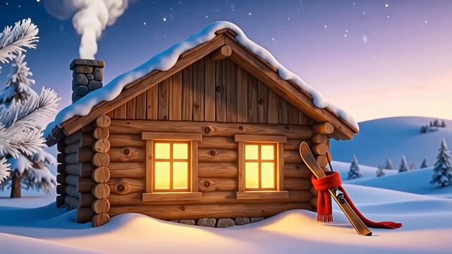 Cozy Wooden Log Cabin in Snowy Winter Landscape at Sunset with Skis
