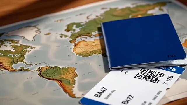 International Travel Concept with Passport and Boarding Pass on World Map