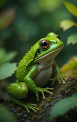 A Realistic Image of a Green Frog in a Pristine Natural Habitat with Lifelike Detail