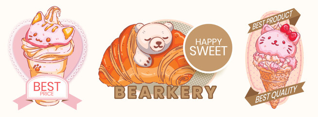Kawaii Animal Dessert Sticker Set - Cute Cat Soft Serve, Polar Bear Croissant, and Kitten Ice Cream Cone