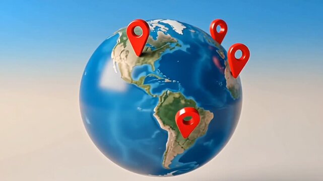 3D Animated Globe with Red Location Pins Marking Global Destinations