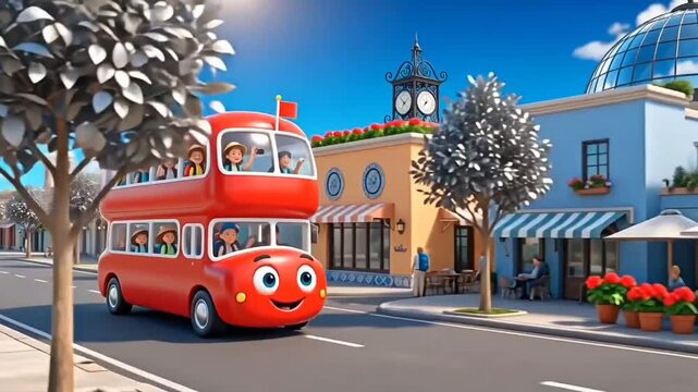 Animated Red Double-Decker Tour Bus Driving Through Colorful Town