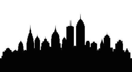 Obraz premium Dense city skyline silhouette with numerous tall buildings and towers, isolated on a clean white background.