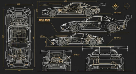 Fototapeta premium Car Blueprint Technical Drawing Illustration.