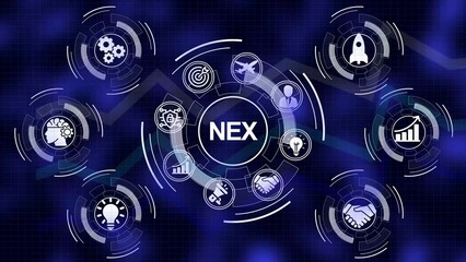 Fototapeta premium Digital business strategy infographic with NEX in the center and surrounding icons representing growth, innovation, and collaboration