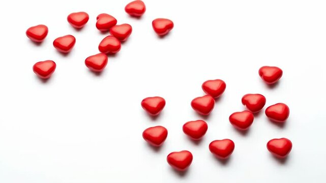 Scattered red heart-shaped objects on a white background