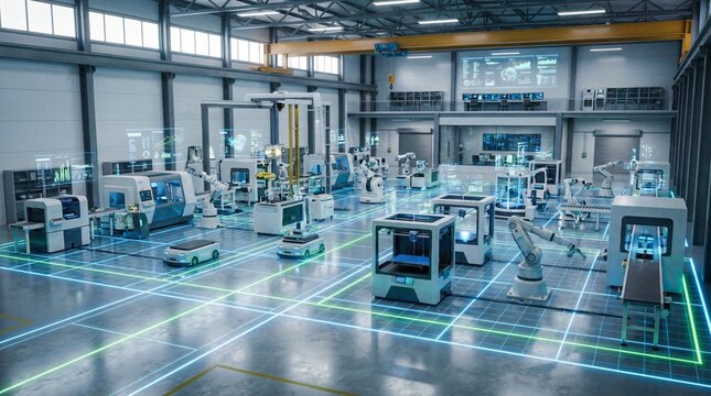 Automated factory floor with robotic arms AGVs 3D printers and holographic displays