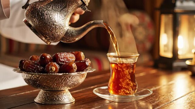 Pouring Traditional Arabic Tea from an Ornate Teapot During a Warm, Festive Ramadan Iftar Celebration
