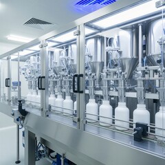 Fototapeta premium Automated filling and packaging machinery in a sterile cleanroom environment with white bottles
