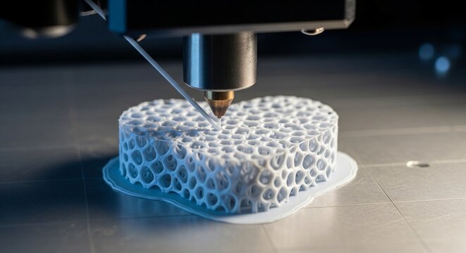 Close up of a 3D printer creating a white intricate heart shaped lattice object Technology