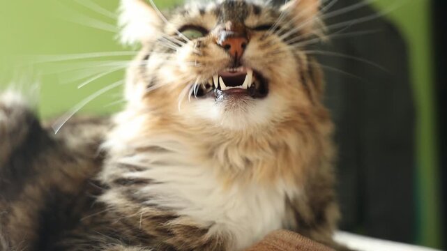 Cat with green eyes yawning on a green room