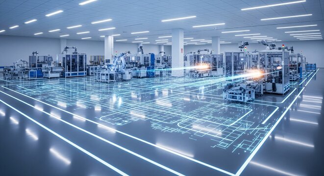 Automated robotic assembly line in a modern factory with digital blueprint overlay on floor
