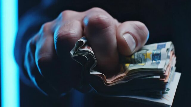 Hand holding thick stack of euro banknotes, close-up, dark moody lighting
