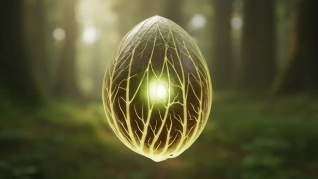 Mystical Seed in Forest: An enchanted seed, illuminated with a vibrant inner glow and intricate, vein-like patterns, floats gracefully amidst a sun-dappled forest.