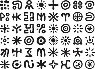 Collection of ancient tribal symbols and abstract pictograms are displayed in a grid pattern against a white background for.