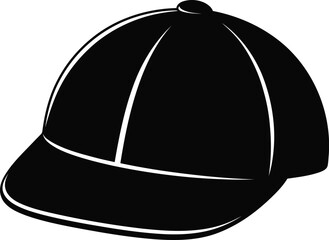 Solid black silhouette of a jockey or riding cap with a curved brim and defined panels shown from a slight side angle.