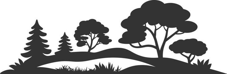 Silhouetted collection of diverse trees and vegetation forms a natural landscape design element against a plain background.