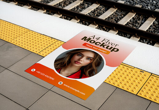 A4 Flyer Mockup on Train Station Platform Floor