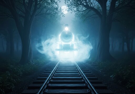 Ethereal steam locomotive ghost train floating mysteriously on old abandoned railway tracks in a deep dark foggy forest landscape, abandoned, vintage, night