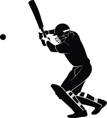 Batsman silhouette powerfully strikes a cricket ball mid-air while wearing protective gear on a white field.