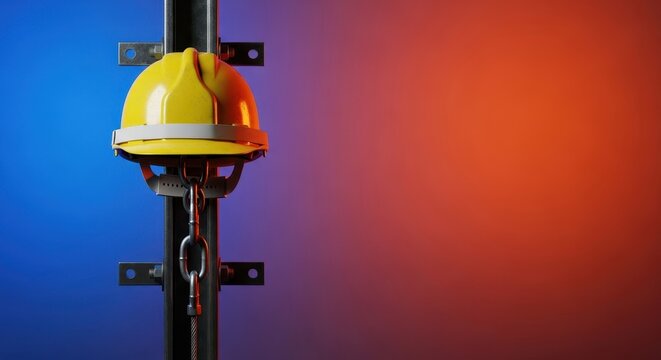 Industrial safety concept showing a protective hard hat anchored to a fixed storage rack, emphasizing workplace security compliance, required, safeguard, prevention