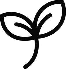 A minimalist black outline depicts a small green sprout with two simple leaves emerging from a curved stem against white.