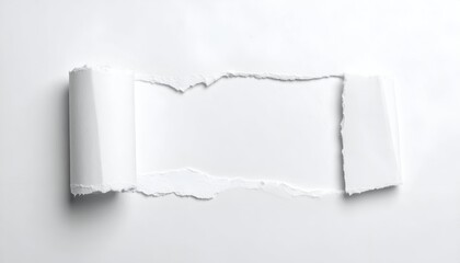 Ripped white paper with rolled edges creating a rectangular opening