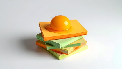 Sticky note stack topped with a translucent orange sphere