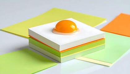 Egg yolk atop stack of colorful sticky notes, minimalist studio shot