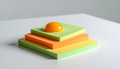 Stack of colorful paper pads topped with a bright orange gelatinous sphere