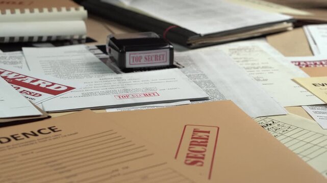 Federal Agent Desk Full of Top Secret Classified Documents and Files, Close Up