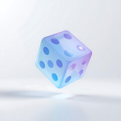 A translucent iridescent blue die floats in a softly lit minimalist studio environment high-quality