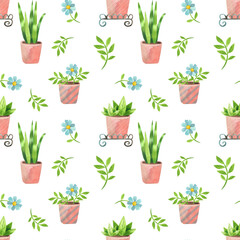 Fototapeta premium Seamless pattern with potted houseplants and blue flowers. Watercolor illustration of green leaves in a simple flat style.