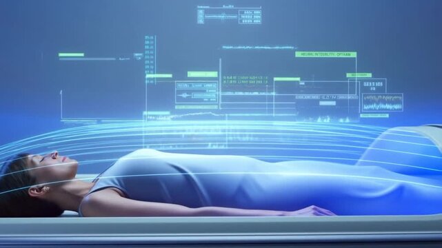Complex translucent holographic interface displaying real time neural integrity and cryo stability data over a stasis pod on a dark background concept of advanced biometric monitoring and life support