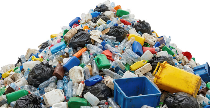 A large pile of mixed plastic waste including bottles containers and bags representing refuse and recycling materials pollution garbage trash junk rubbish disposal environmental