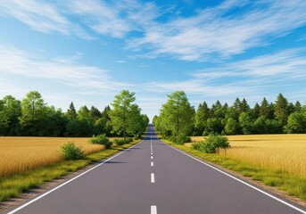 Fototapeta premium A long, empty road stretches through a beautiful, untouched rural landscape of fields and woodland beneath a vast, sunny sky perfect for travel, route, environment, rural